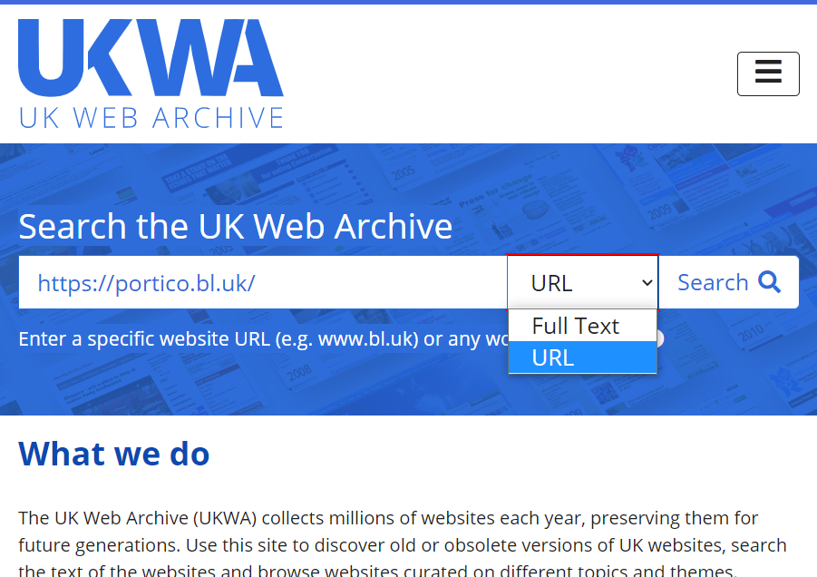 The BETA homepage for the UK Web Archive, offering URL or Full Text search.